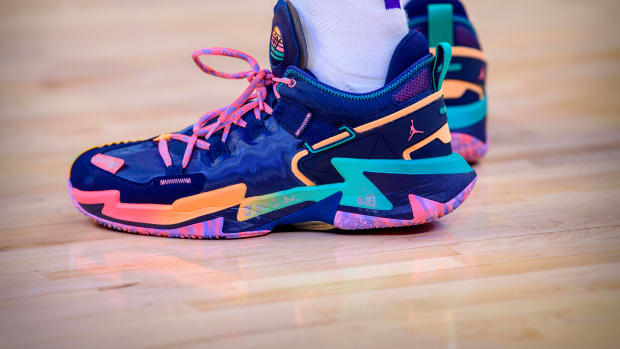 View of Russell Westbrook's multi-color Jordan sneakers.