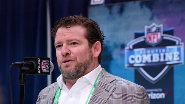Feb 25, 2020; Indianapolis, Indiana, USA; Seattle Seahawks general manager John Schneider speaks during the NFL Scouting Combine at the Indiana Convention Center.