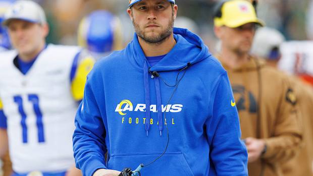 Los Angeles Rams quarterback Matthew Stafford looks on from the sidelines prior to the game against the Green Bay Packers at Lambeau Field.