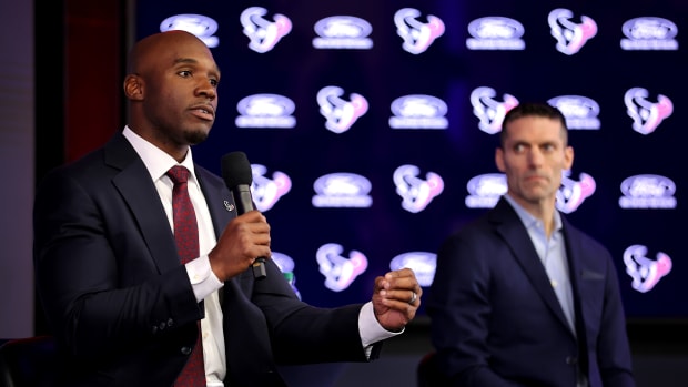 Houston Texans coach DeMeco Ryans (left) and general manager Nick Caserio (right).