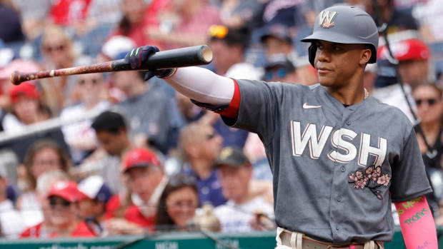 Jul 16, 2022; Washington, District of Columbia, USA; Washington Nationals right fielder Juan Soto (22) stands in the on deck circle against the Atlanta Braves during the first inning at Nationals Park. Mandatory Credit: Geoff Burke-USA TODAY Sports