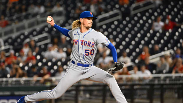 Sep 6, 2023; Washington, District of Columbia, USA; New York Mets relief pitcher Phil Bickford (50) throws to the Washington Nationals during the ninth inning at Nationals Park.