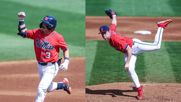 Ole Miss Rebels Andrew Fischer (left) and Liam Doyle on Saturday vs. South Carolina