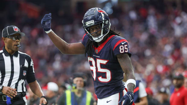 Nov 5, 2023; Houston, Texas, USA; Houston Texans wide receiver Noah Brown (85) reacts after making a reception during the fourth quarter against the Tampa Bay Buccaneers at NRG Stadium. Mandatory Credit: Troy Taormina-USA TODAY Sports