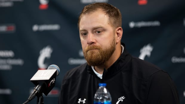 Cincinnati Bearcats football offensive coordinator Tom Manning answers questions during a press conference at Fifth Third Arena on Tuesday, Jan. 10, 2023. University Of Cincinnati Football Press Conference Jan. 10 2023