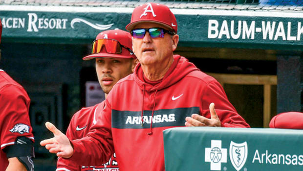 Arkansas baseball coach Dave Van Horn questions what happened during a game against Eastern Illinois at Baum Walker Stadium.