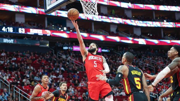 Rockets guard Fred VanVleet shoots the ball during the second quarter against the Atlanta Hawks at Toyota Center.