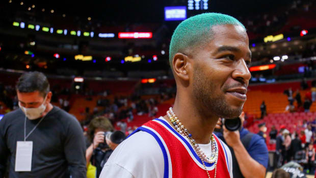 Dec 1, 2021; Miami, Florida, USA; American rapper Kid Cudi attends the game between the Miami Heat and the Cleveland Cavaliers at FTX Arena.