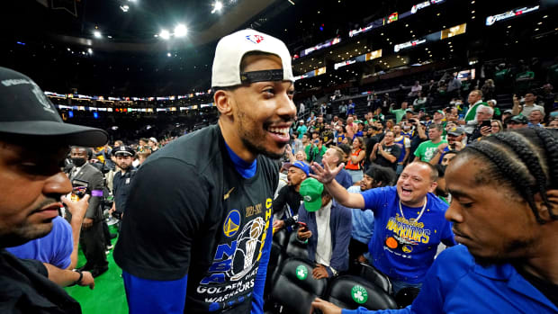 Golden State Warriors forward Otto Porter Jr. (32) celebrates after the Golden State Warriors beat the Boston Celtics in game six of the 2022 NBA Finals to win the NBA Championship at TD Garden.