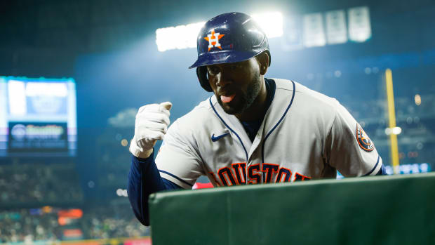 Sep 25, 2023; Seattle, Washington, USA; Houston Astros designated hitter Yordan Alvarez (44) celebrates after hitting a solo-home run against the Seattle Mariners during the third inning at T-Mobile Park. Mandatory Credit: Joe Nicholson-USA TODAY Sports  