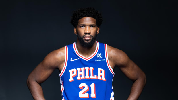 Philadelphia 76ers center Joel Embiid poses for a photo during media day.