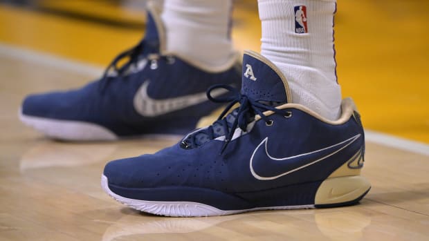 Los Angeles Lakers forward LeBron James' navy and white Nike sneakers.