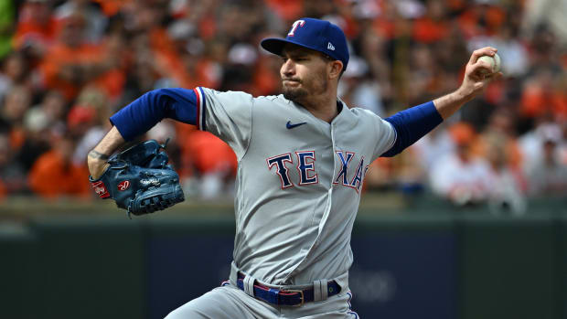 Oct 7, 2023; Baltimore, Maryland, USA; Texas Rangers starting pitcher Andrew Heaney (44) throws a pitch against the Baltimore Orioles during the first inning in game one of the ALDS for the 2023 MLB playoffs at Oriole Park at Camden Yards. Mandatory Credit: Tommy Gilligan-USA TODAY Sports  