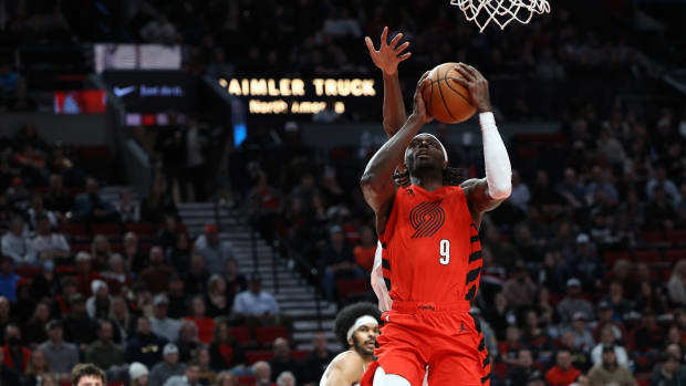 Jan 12, 2023; Portland, Oregon, USA; Portland Trail Blazers forward Jerami Grant (9) shoots the ball against the Cleveland Cavaliers in the first half at Moda Center. Mandatory Credit: Jaime Valdez-USA TODAY Sports