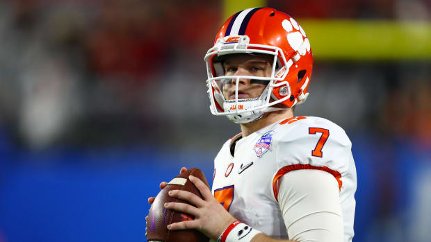 Dec 28, 2019; Glendale, Arizona, USA; Clemson Tigers quarterback Chase Brice (7) throws prior to the game against the Ohio State Buckeyes in the 2019 Fiesta Bowl college football playoff semifinal game. Mandatory Credit: Matthew Emmons-USA TODAY Sports