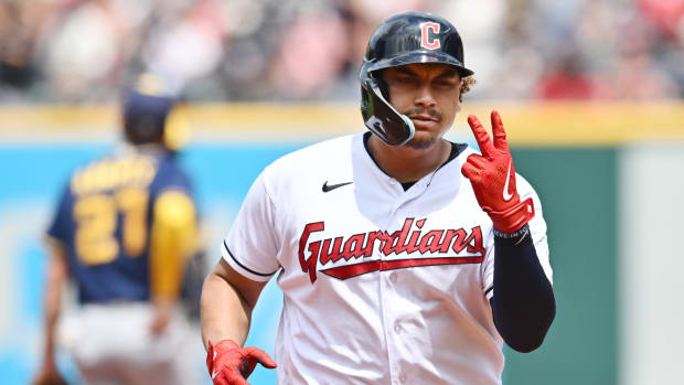 Jun 25, 2023; Cleveland, Ohio, USA; Cleveland Guardians first baseman Josh Naylor (22) rounds the bases after hitting a home run during the second inning against the Milwaukee Brewers at Progressive Field. Mandatory Credit: Ken Blaze-USA TODAY Sports