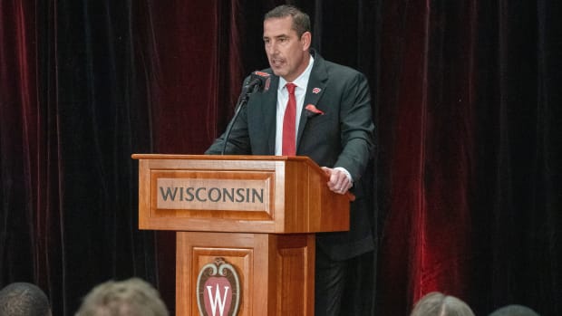 Wisconsin head coach Luke Fickell speaking at his introductory press conference.