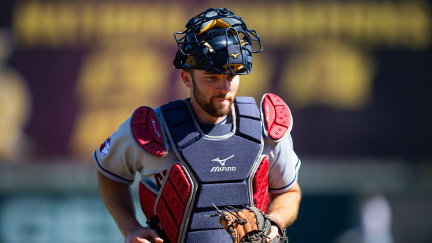 Oct 22, 2022; Phoenix, Arizona, USA; Cleveland Guardians catcher David Fry plays for the Peoria Javelinas during an Arizona Fall League baseball game at Phoenix Municipal Stadium. Mandatory Credit: Mark J. Rebilas-USA TODAY Sports