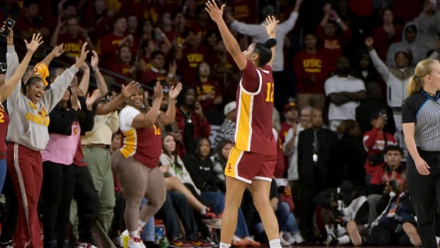 USC Trojans guard JuJu Watkins celebrates after defeating the UCLA Bruins.