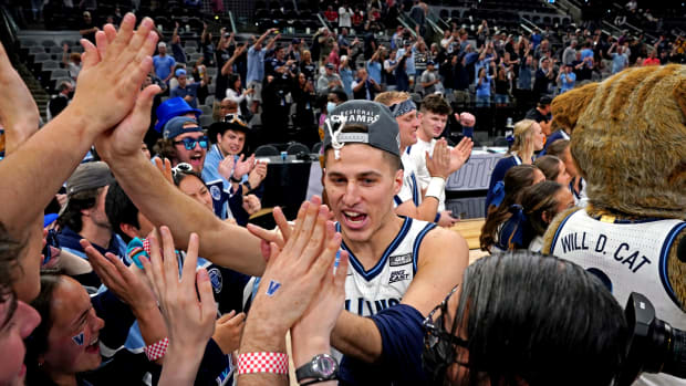 Villanova Wildcats guard Collin Gillespie (2) celebrates after beating the Houston Cougars in the finals of the South regional of the men's college basketball NCAA Tournament at AT&T Center.