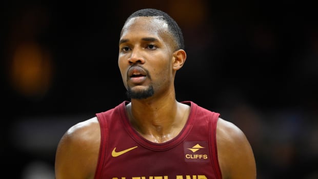Nov 19, 2023; Cleveland, Ohio, USA; Cleveland Cavaliers forward Evan Mobley (4) stands on the court in the fourth quarter against the Denver Nuggets at Rocket Mortgage FieldHouse. Mandatory Credit: David Richard-USA TODAY Sports