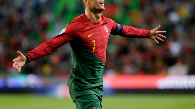 Cristiano Ronaldo pictured celebrating after scoring for Portugal against Liechtenstein in March 2023