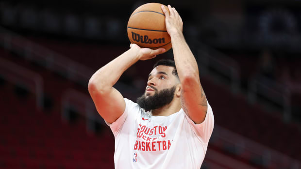 Rockets guard Fred VanVleet warms up before the game against the Indiana Pacers at Toyota Center.