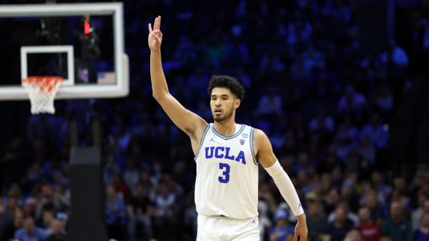 UCLA Bruins guard Johnny Juzang (3) reacts in the semifinals of the East regional of the men's college basketball NCAA Tournament.