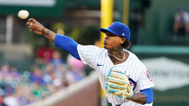 Jul 20, 2023; Chicago, Illinois, USA; Chicago Cubs starting pitcher Marcus Stroman (0) throws the ball against the St. Louis Cardinals during the first inning at Wrigley Field. Mandatory Credit: David Banks-USA TODAY Sports  