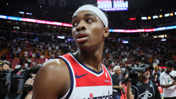 Washington Wizards guard Bilal Coulibaly (0) looks on after the game against the Miami Heat at Kaseya Center. Mandatory Credit: Sam Navarro-USA TODAY Sports