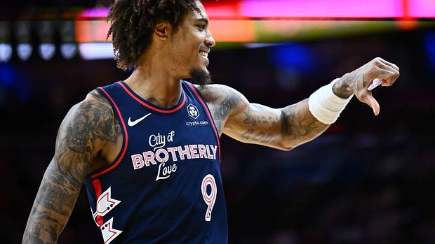 Philadelphia 76ers guard Kelly Oubre Jr (9) gestures in the second quarter against the Phoenix Suns at Wells Fargo Center. Mandatory Credit Kyle Ross-USA TODAY Sports