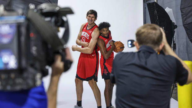 Houston Rockets center Boban Marjanovic (51) and guard Jalen Green (4) pose for a picture at Rockets media day at Toyota Center. Mandatory Credit: Troy Taormina-USA TODAY Sports.