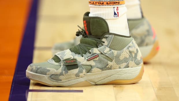 View of camo Zion shoes.