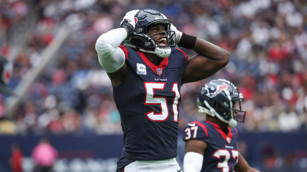 Texans defensive end Will Anderson Jr. reacts after a play during the third quarter against the New Orleans Saints at NRG Stadium.