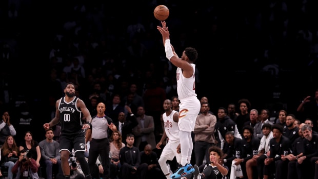 Cleveland Cavaliers guard Donovan Mitchell shoots the game-winning shot against Brooklyn Nets.