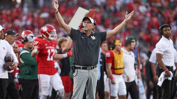 Houston Cougars head coach Dana Holgorsen reacts after a play during the fourth quarter against the Texas Longhorns at TDECU Stadium.