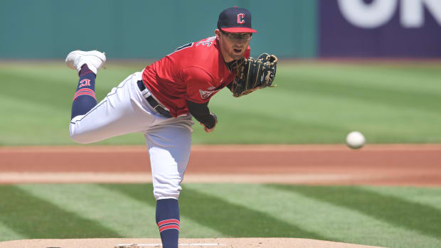 Apr 26, 2023; Cleveland, Ohio, USA; Cleveland Guardians starting pitcher Tanner Bibee (61) throws a pitch during the first inning against the Colorado Rockies at Progressive Field. Mandatory Credit: Ken Blaze-USA TODAY Sports