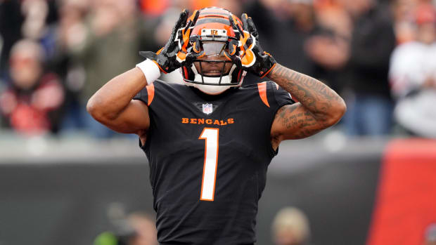 Cincinnati Bengals wide receiver Ja'Marr Chase (1) celebrates a touchdown catch in the second quarter during a Week 14 NFL game against the Cleveland Browns, Sunday, Dec. 11, 2022, at Paycor Stadium in Cincinnati. 