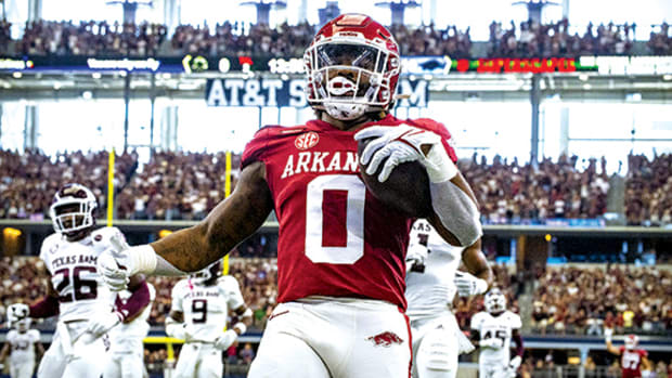 Arkansas Razorbacks running back AJ Green (0) in action during the game between the Arkansas Razorbacks and the Texas A&M Aggies at AT&T Stadium.