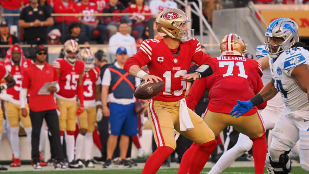 San Francisco 49ers quarterback Brock Purdy throws the ball against the Detroit Lions.