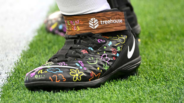 View of black and brown cleats.