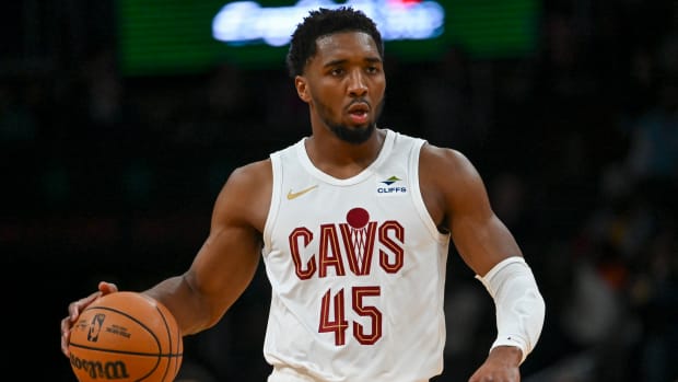 Feb 25, 2024; Washington, District of Columbia, USA; Cleveland Cavaliers guard Donovan Mitchell (45) dribbles up the court during the first half against the Washington Wizards at Capital One Arena. Mandatory Credit: Tommy Gilligan-USA TODAY Sports