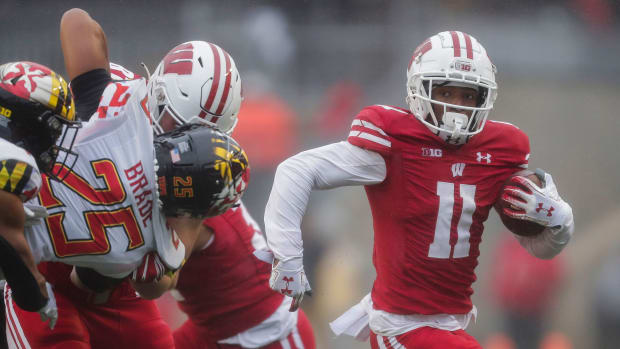 Wisconsin wide receiver Skyler Bell running with the football against Maryland.