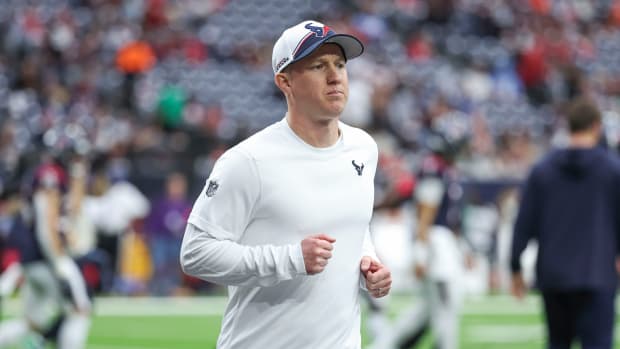 Texans offensive coordinator Bobby Slowik before a 2024 AFC wild card game against the Cleveland Browns at NRG Stadium.