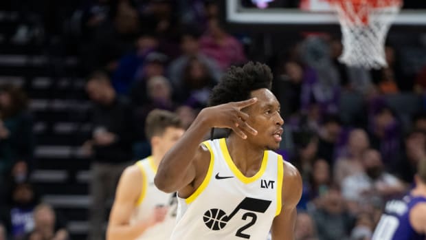 Utah Jazz guard Collin Sexton (2) celebrates after making a shot during the third quarter against the Sacramento Kings at Golden 1 Center.