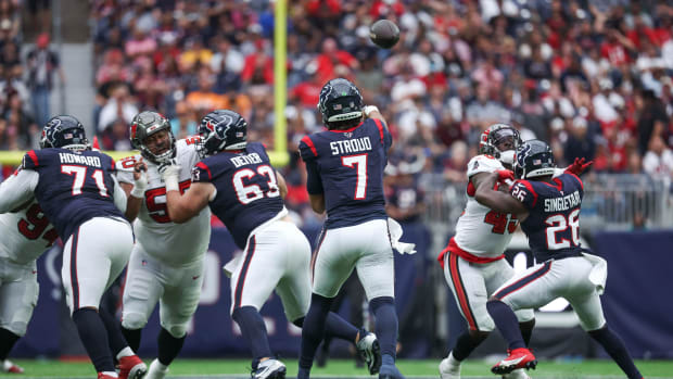 Texans quarterback C.J. Stroud (7) attempts a pass during the game against the Tampa Bay Buccaneers at NRG Stadium.
