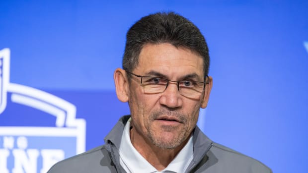 Washington Commanders coach Ron Rivera speaks at the 2023 NFL Scouting Combine.