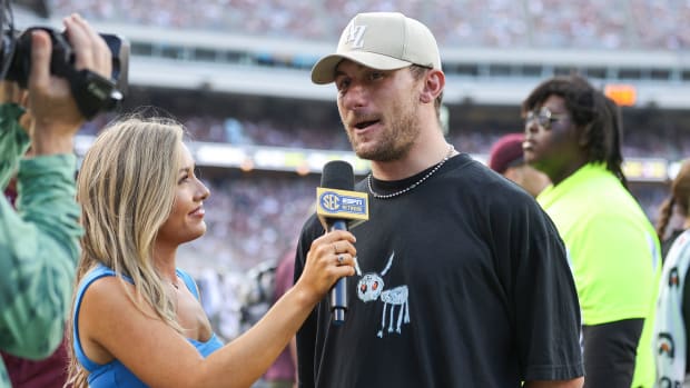Sep 16, 2023; College Station, Texas, USA; Former Texas A&M Aggies player Johnny Manziel is interviewed during the game between the Aggies and Louisiana Monroe Warhawks at Kyle Field.