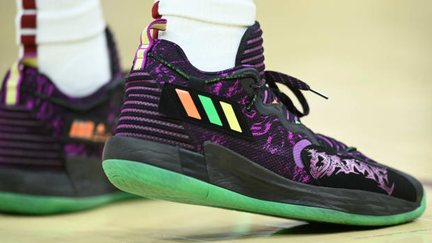 Cleveland Cavaliers center Evan Mobley wears the Adidas Dame 7 'Halloween' sneakers against the New York Knicks on January 24, 2022.