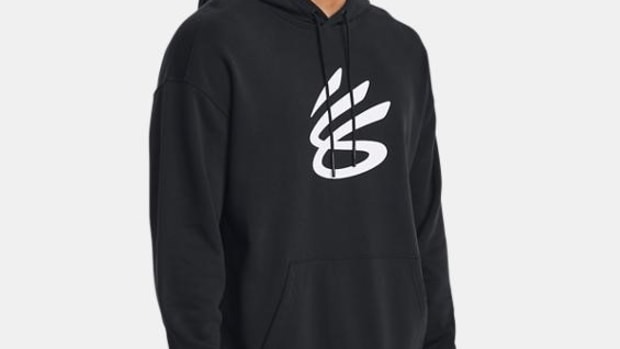 View of a black and white Curry Brand hoodie.